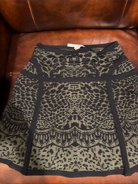 Diane Von Furstenberg Olive Green & Black Patterned A-Line Skirt